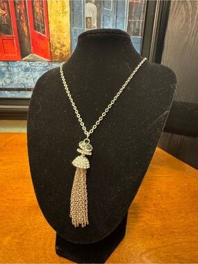 Rhinestone Salsa Dancer Tassel Pendant Necklace - Silver Tone